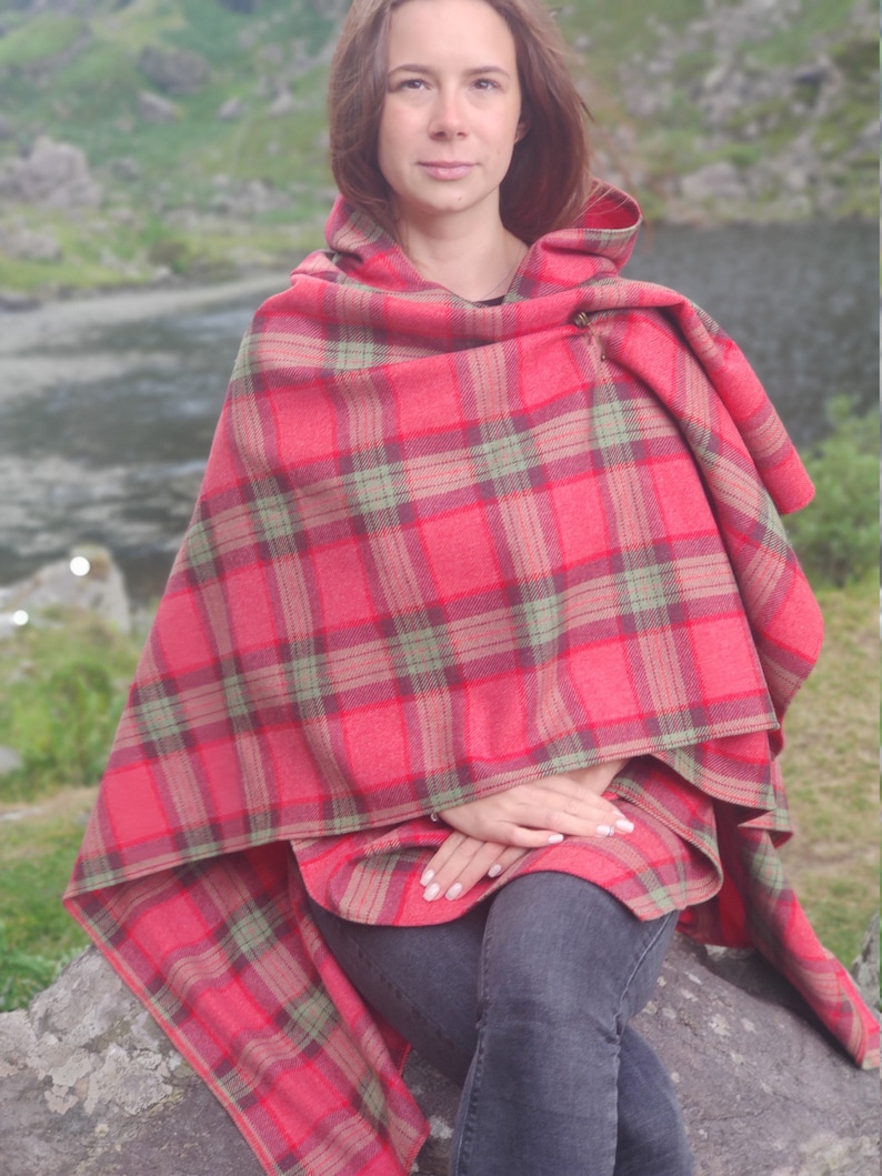 Irish soft lambswool hooded ruana, wrap, arisaid - pink/green/purple plaid check, tartan - 100% Pure New Wool - HANDMADE IN IRELAND