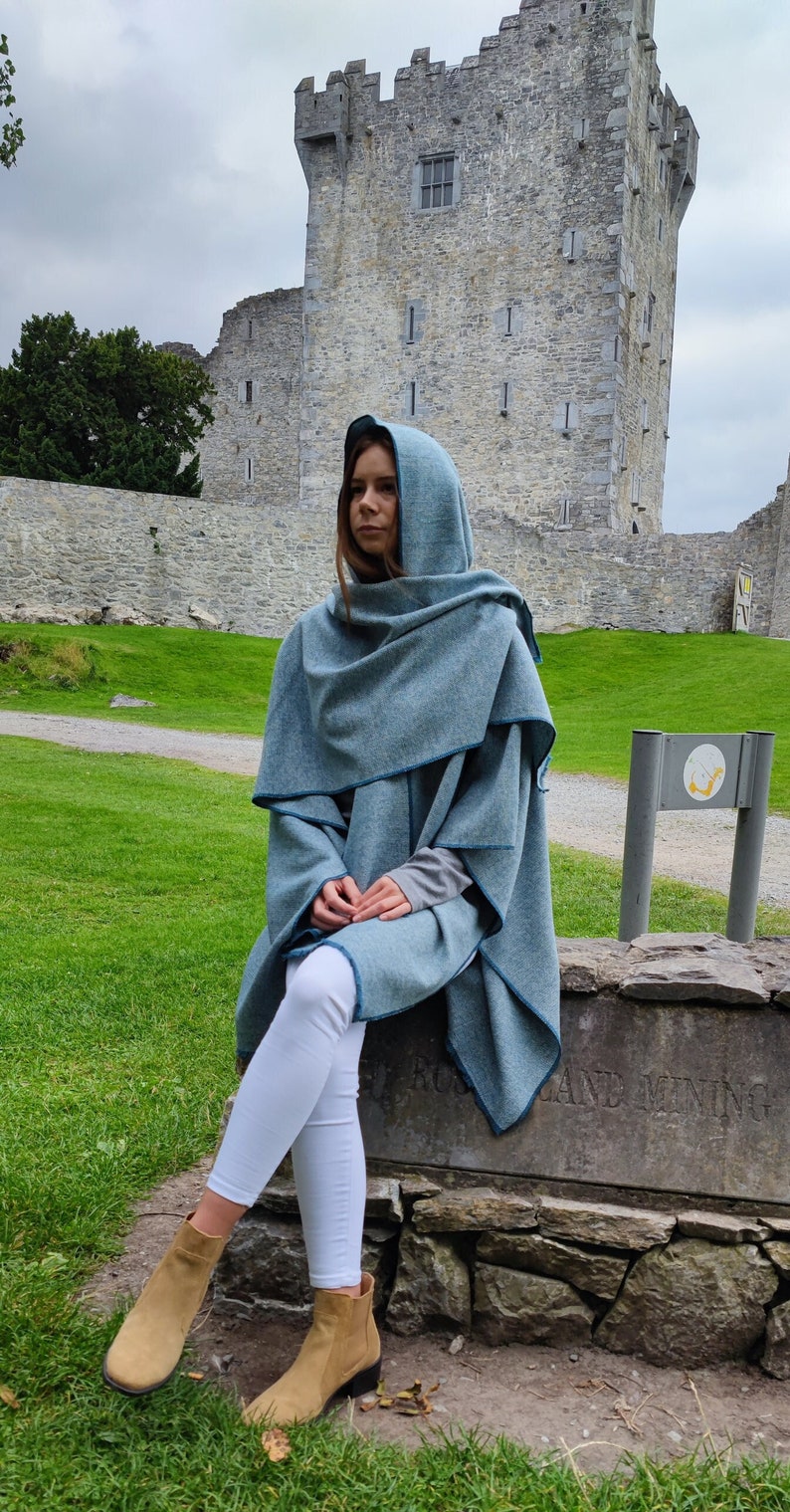 Hooded Irish Lambswool Tweed Cape, Rectangle Cloak, Ruana -Atlantic Teal/White Chevron- 100% Pure New Wool -Lightweight- HANDMADE IN IRELAND