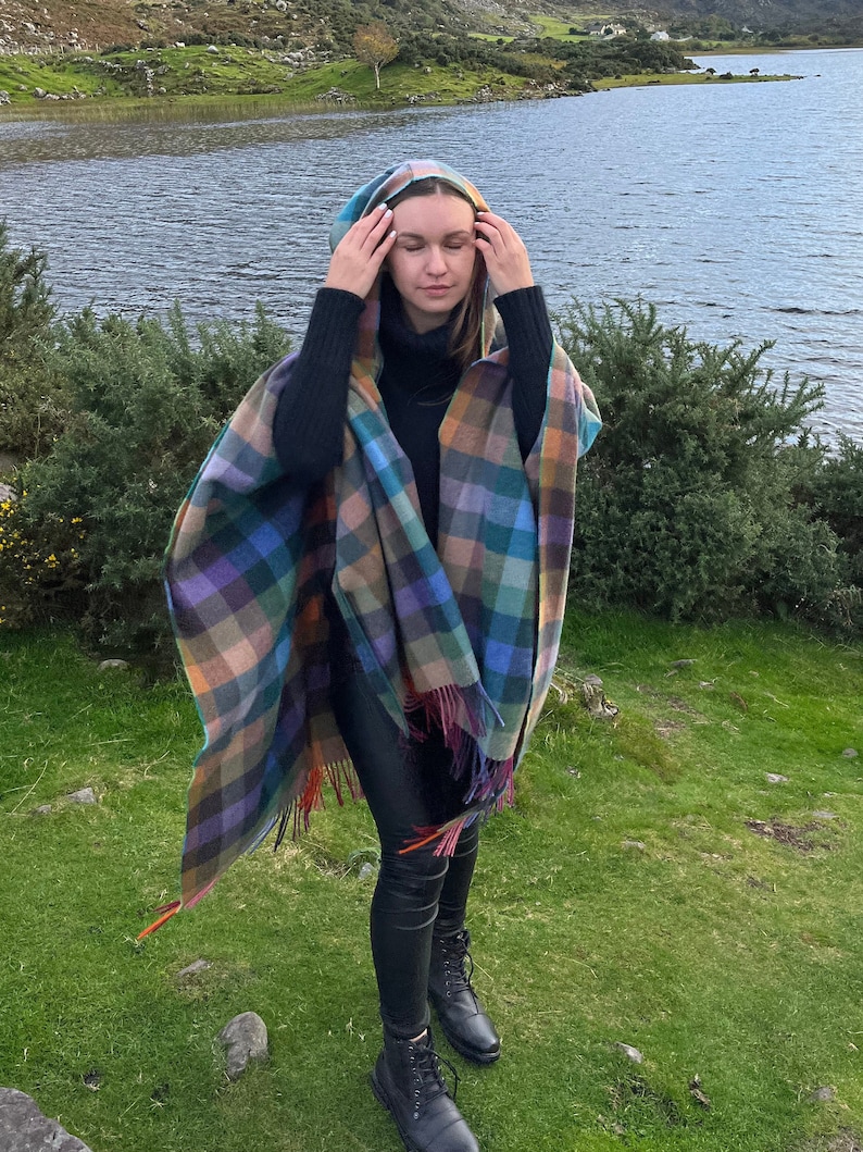 Hooded Supersoft Lambswool Cape, Ruana, Wrap , Shawl - 100% Pure New Wool - Multicolour  Check - One Size Fits All - HANDMADE IN IRELAND