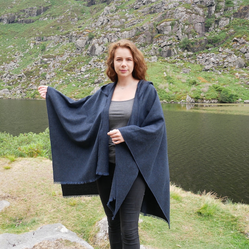 Irish Woven Wool Hooded Ruana, Cape, Rectangle Cloak, Wrap - 100% Pure New Wool - Plain Solid Navy - Unisex - HANDMADE IN IRELAND