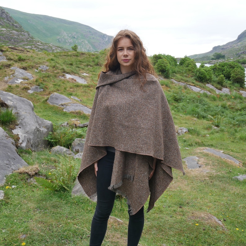 Irish Donegal Tweed Hooded Cape, Ruana, Cloak, Robe - Brown/Grey Salt&Pepper - Medium/Heavy Tweed - 100% Pure New Wool - HANDMADE IN IRELAND
