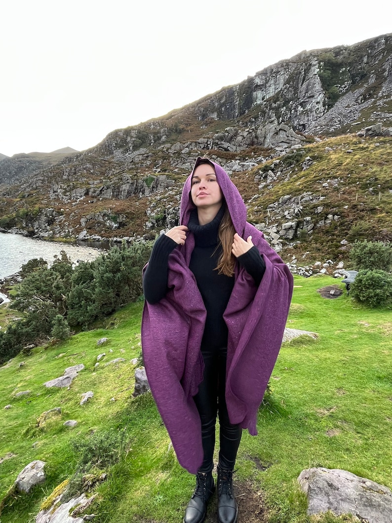 Irish Donegal Tweed Hooded Ruana, Wrap, Cape, Cloak, Robe - Purple Wine Herringbone - 100% Pure New Wool - Speckled - HANDMADE IN IRELAND