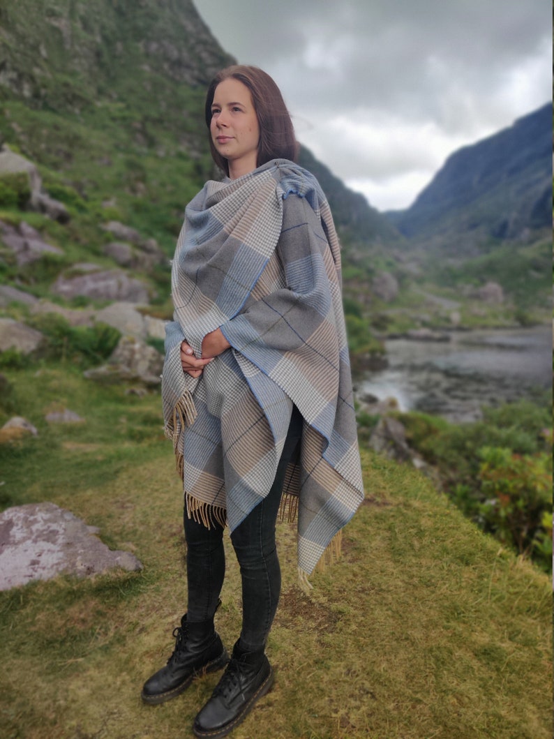 Irish Pure Lambswool Cape, Ruana, Wrap , Shawl - 100% Pure New Wool - Beige/Blue Check - Supersoft - One Size Fits All - HANDMADE IN IRELAND