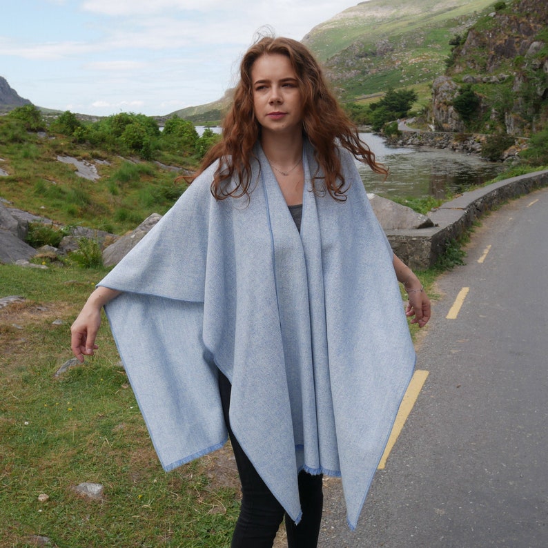 Irish Tweel Woven Wool Ruana, Wrap, Cape - Baby Blue & White Chevron - 100% Pure New Wool - Lightweight - HANDMADE IN IRELAND
