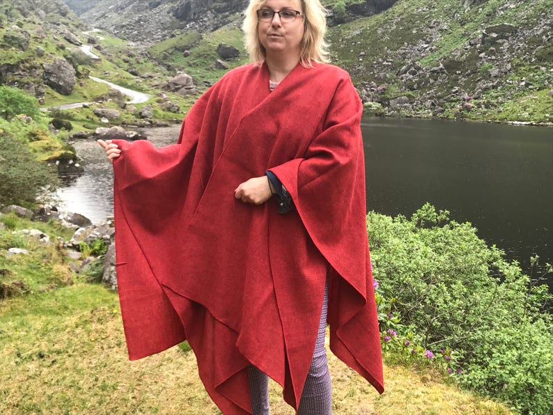 Irish tweed wool ruana, wrap, cape, coat, arisaid- red - lightweight fabric - 100% wool - ready for shipping - HANDMADE IN IRELAND