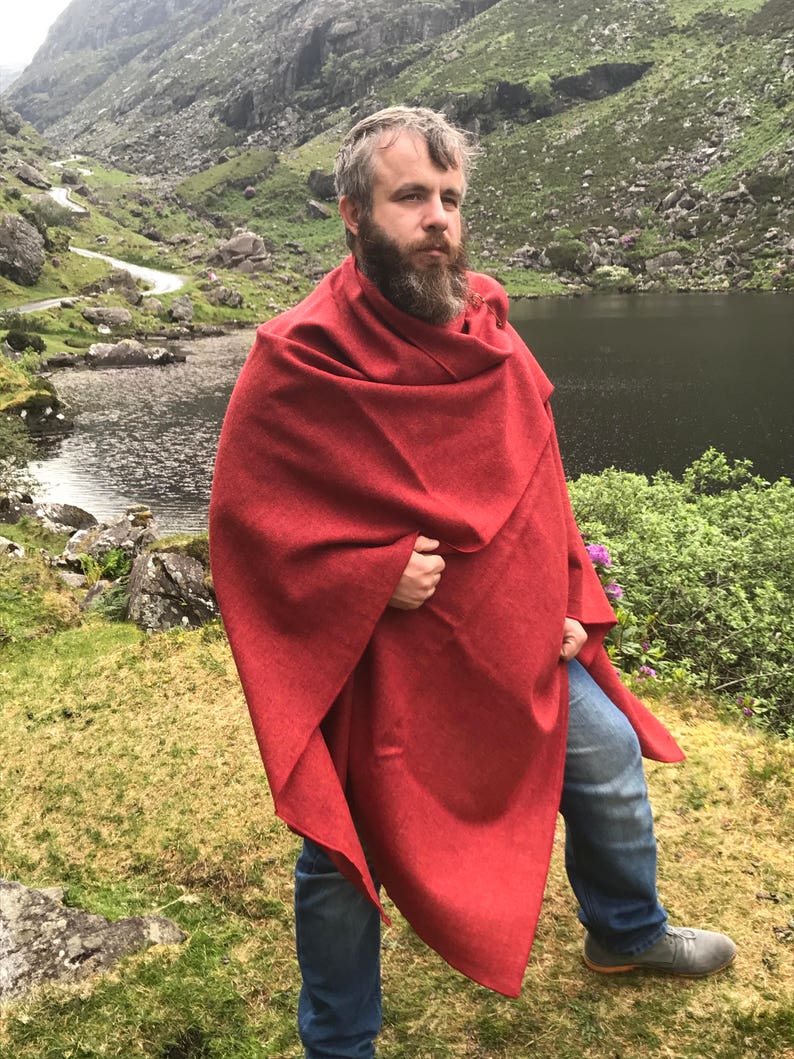 Irish tweed wool ruana, wrap, cape, coat, arisaid- red - lightweight fabric - 100% wool - ready for shipping - HANDMADE IN IRELAND