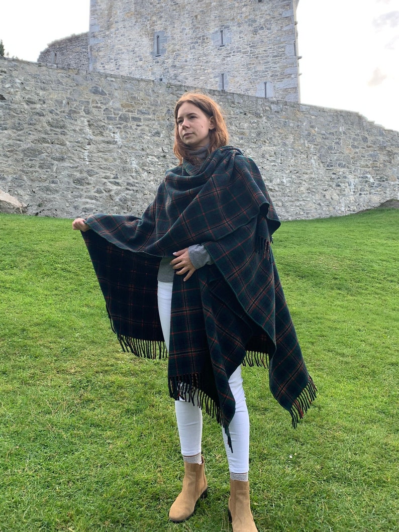 Irish Lambswool/Merino Wool Cape, Ruana, Wrap, Shawl - 100% Pure New Wool - Kennedy Tartan Plaid - Supersoft - One Size- HANDMADE IN IRELAND