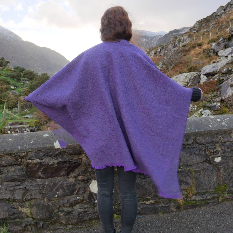 Irish Donegal Tweed Ruana, Wrap, Cape, Rectangle Cloak - Purple Herringbone - 100% Pure New Wool - HEAVY TWEED - Handmade in Ireland