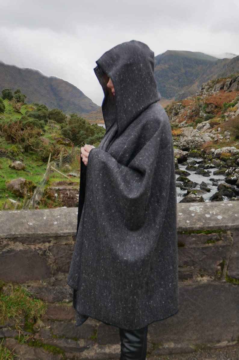 Irish Donegal Tweed Hooded Ruana, Wrap, Cape,  - Black/ Charcoal/ Grey Herringbone - 100% Pure New Wool - heavy tweed - HANDMADE IN IRELAND