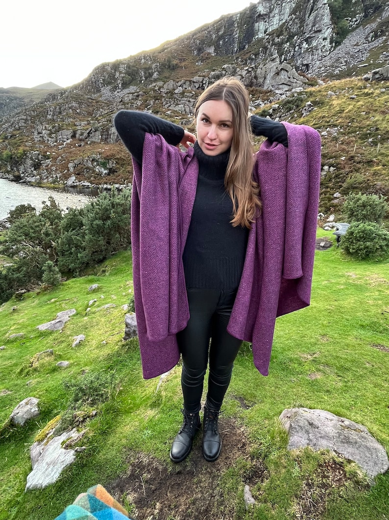 Irish Donegal Tweed Hooded Ruana, Wrap, Cape, Cloak, Robe - Purple Wine Herringbone - 100% Pure New Wool - Speckled - HANDMADE IN IRELAND