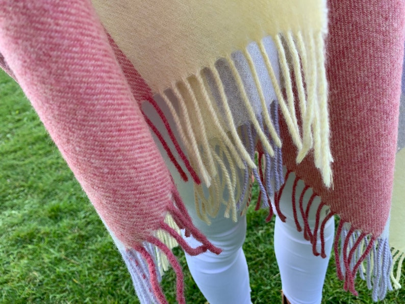 Hooded Irish Pure Lambswool Cape, Ruana, Wrap , Shawl - 100% Pure New Wool -Pale/Blue/Pink/Lemon Block Check -Supersoft -HANDMADE IN IRELAND