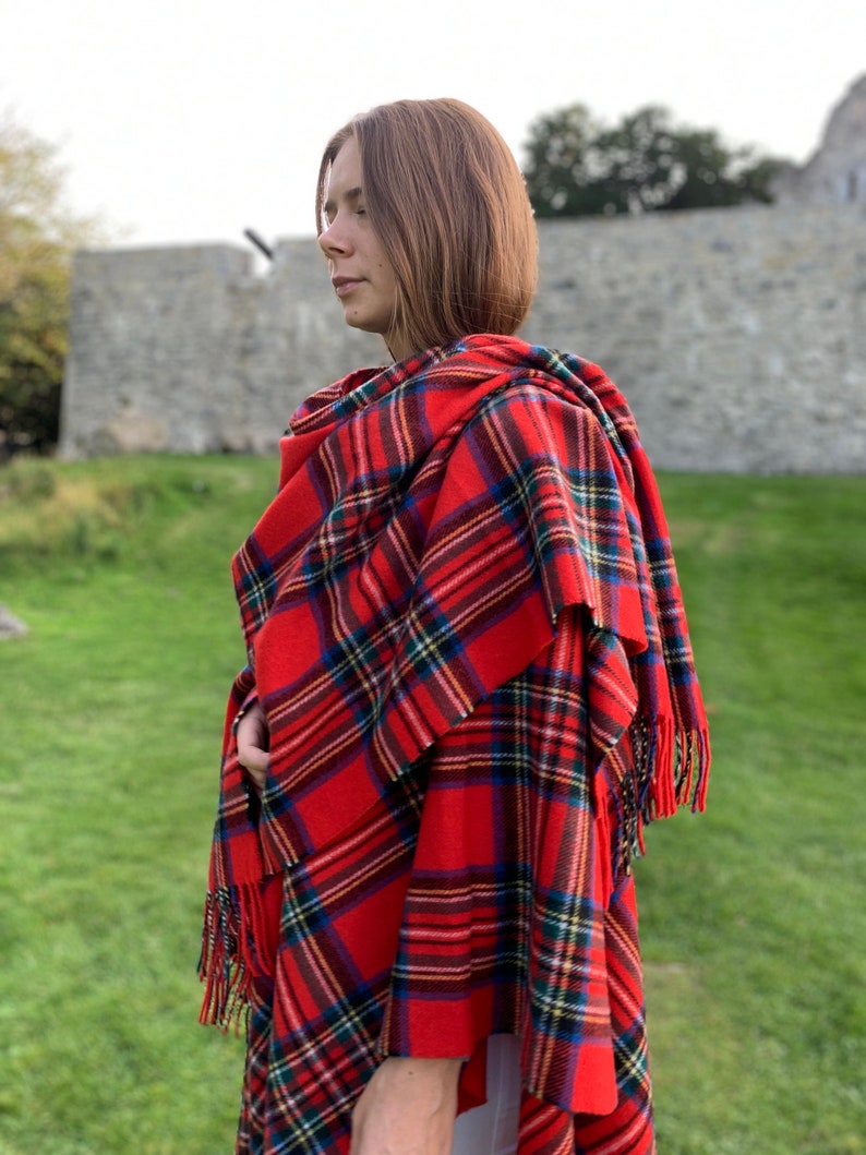 Irish Pure Lambswool Cape, Ruana, Wrap, Shawl - 100% Pure New Wool - Royal Stewart Tartan/Plaid Check - Supersoft - HANDMADE IN IRELAND
