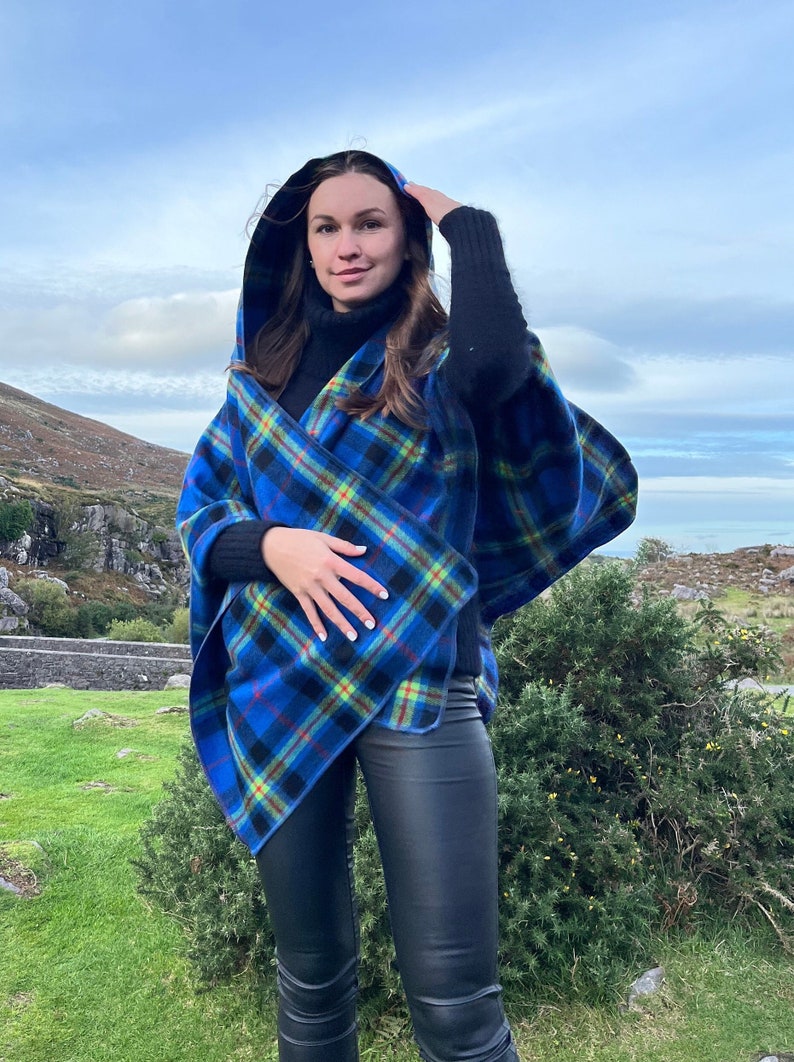 Hooded Supersoft Lambswool Cape, Ruana Wrap , Cloak - 100% Pure New Wool - Blue Navy Lime Green Red Tartan Plaid Check - HANDMADE IN IRELAND