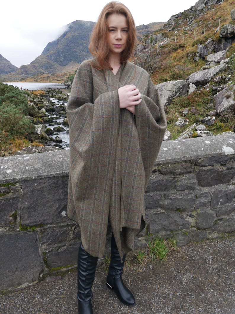 Irish Tweed Wool Cape, Ruana, Wrap, Rectangle Cloak- 100% Pure New Irish Wool - Brown Tartan / Plaid Check - Unisex - HANDMADE IN IRELAND
