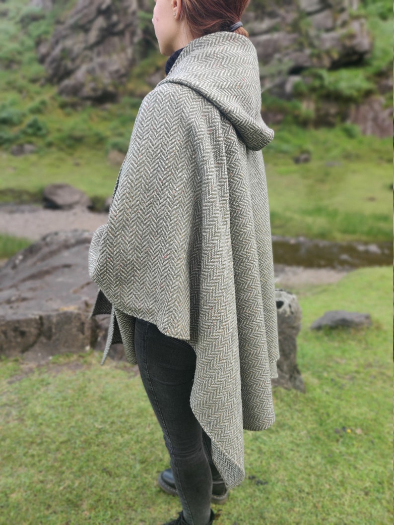 Irish Donegal Tweed Wool Hooded Cape Ruana Wrap Robe Cloak Arisaid -Speckled Fleck Green Grey Herringbone - HEAVY TWEED -Handmade in Ireland