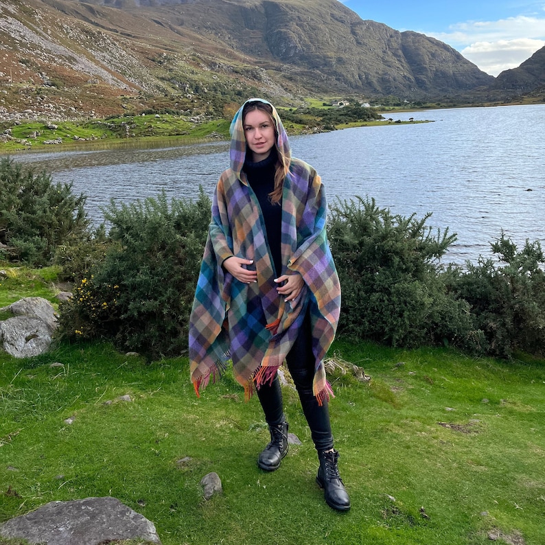 Hooded Supersoft Lambswool Cape, Ruana, Wrap , Shawl - 100% Pure New Wool - Multicolour  Check - One Size Fits All - HANDMADE IN IRELAND
