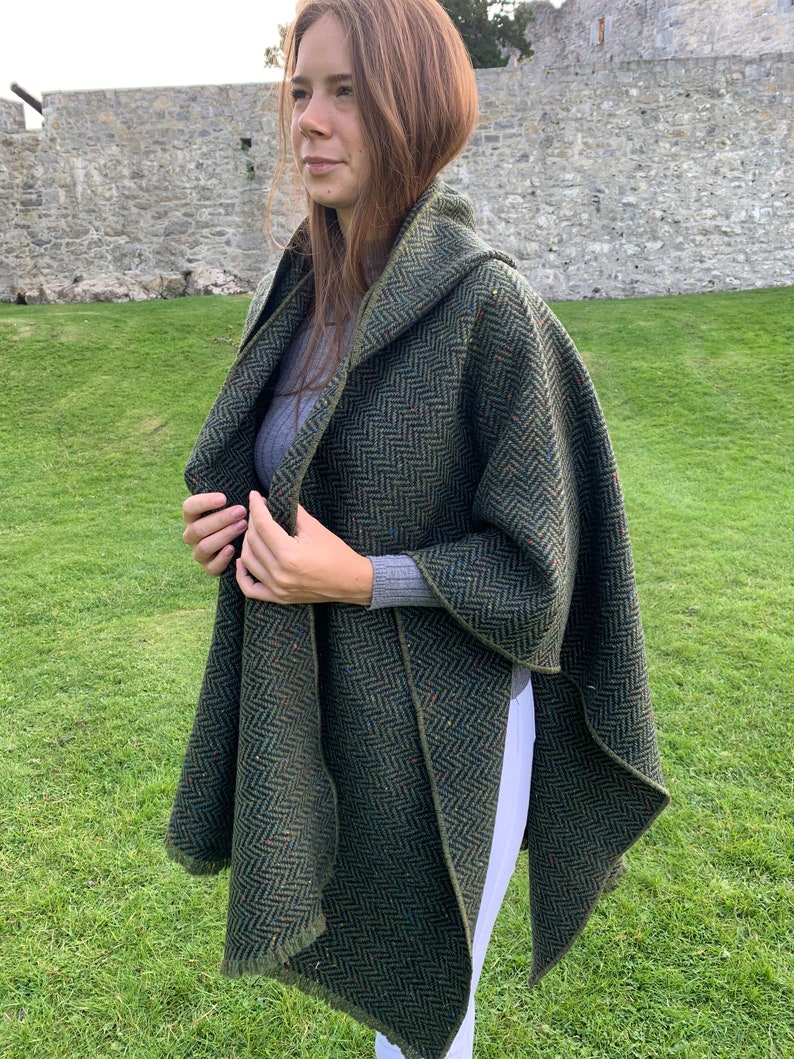 Irish Donegal Tweed Wool Hooded Ruana, Cape, Rectangle Cloak - Speckled Forest Green Herringbone - Heavy Tweed -Unisex- HANDMADE IN IRELAND