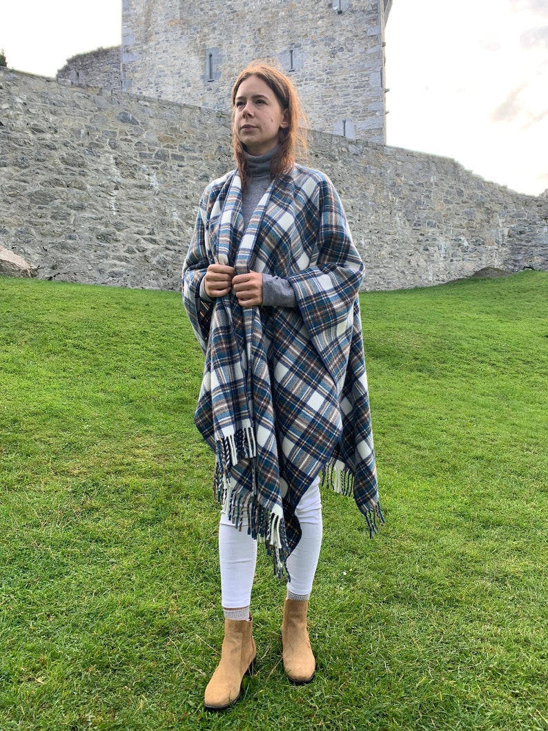 Irish Lambswool/Merino Cape, Ruana, Wrap, Shawl - 100% Pure New Wool - Blue Stewart Tartan Plaid - supersoft - one size- HANDMADE IN IRELAND
