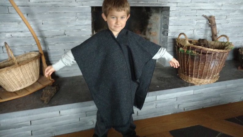 Irish tweed ruana, celtic wrap, cape, plaid, arisaid - 100% wool-navy&charcoal melange-kids 5-6 years old-Handmade in Ireland