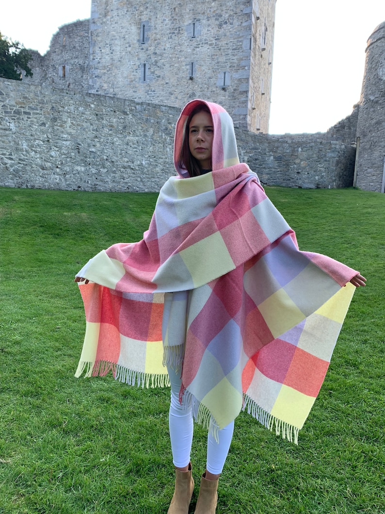 Hooded Irish Pure Lambswool Cape, Ruana, Wrap , Shawl - 100% Pure New Wool -Pale/Blue/Pink/Lemon Block Check -Supersoft -HANDMADE IN IRELAND