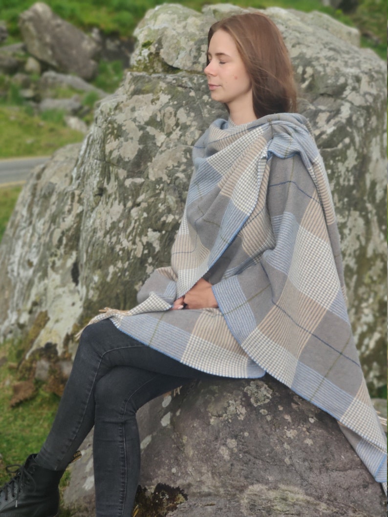 Irish Pure Lambswool Cape, Ruana, Wrap , Shawl - 100% Pure New Wool - Beige/Blue Check - Supersoft - One Size Fits All - HANDMADE IN IRELAND