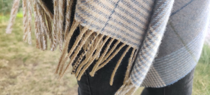 Irish Pure Lambswool Cape, Ruana, Wrap , Shawl - 100% Pure New Wool - Beige/Blue Check - Supersoft - One Size Fits All - HANDMADE IN IRELAND