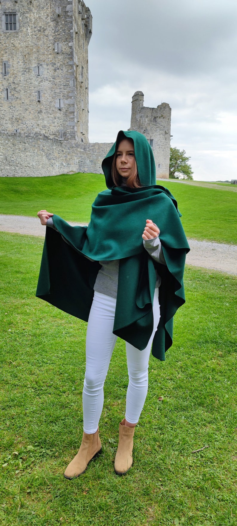 Irish Woven Wool Cape, Ruana, Wrap, Rectangle Cloak - 100% Pure New Wool - Emerald / Bottle Green - HANDMADE IN IRELAND