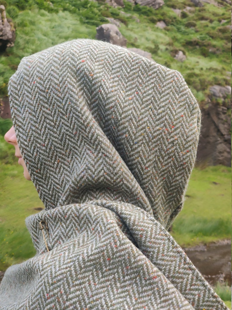 Irish Donegal Tweed Wool Hooded Cape Ruana Wrap Robe Cloak Arisaid -Speckled Fleck Green Grey Herringbone - HEAVY TWEED -Handmade in Ireland