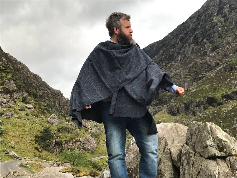 Irish Donegal Tweed Ruana, Wrap, Cape, Rectangle Cloak - Navy Denim Herringbone With Orange/Purple Check - 100% Wool - HANDMADE IN IRELAND