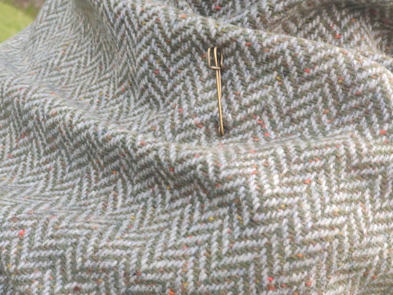 Irish Donegal Tweed Wool Hooded Cape Ruana Wrap Robe Cloak Arisaid -Speckled Fleck Green Grey Herringbone - HEAVY TWEED -Handmade in Ireland