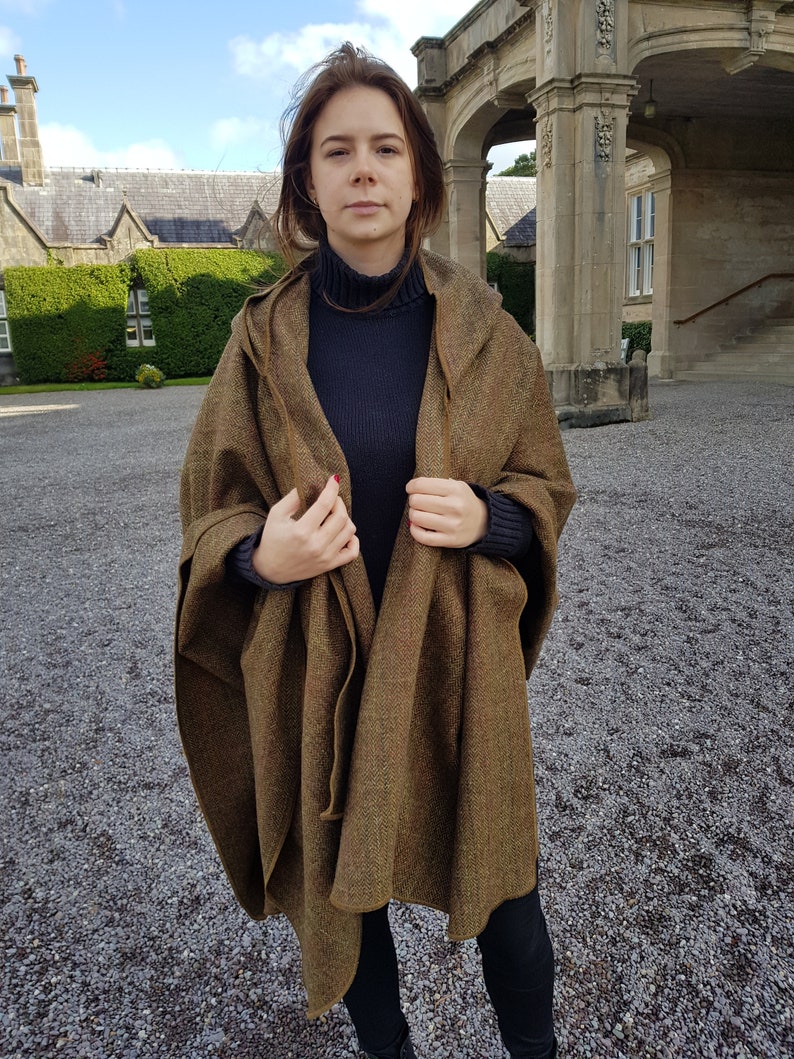 Irish Donegal Tweed Wool Hooded Cape, Ruana, Wrap, Cloak - Bronze/Brown Herringbone With Overcheck - 100% Pure New Wool -HANDMADE IN IRELAND