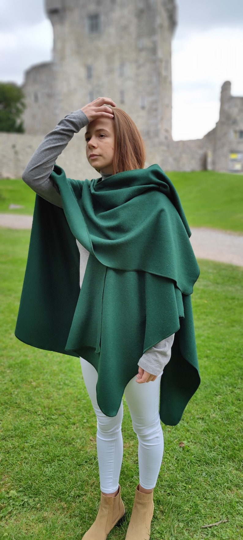 Irish Woven Wool Cape, Ruana, Wrap, Rectangle Cloak - 100% Pure New Wool - Emerald / Bottle Green - HANDMADE IN IRELAND