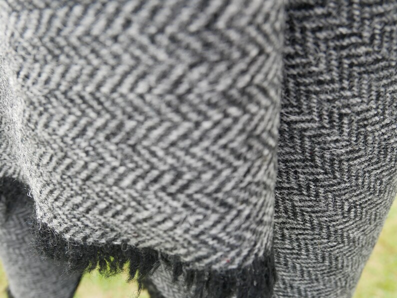Irish Donegal Tweed Wool Ruana, Wrap, Cape, Cloak, Arisaid - Black/White  Herringbone - 100% Pure New Wool - Unisex - HANDMADE IN IRELAND