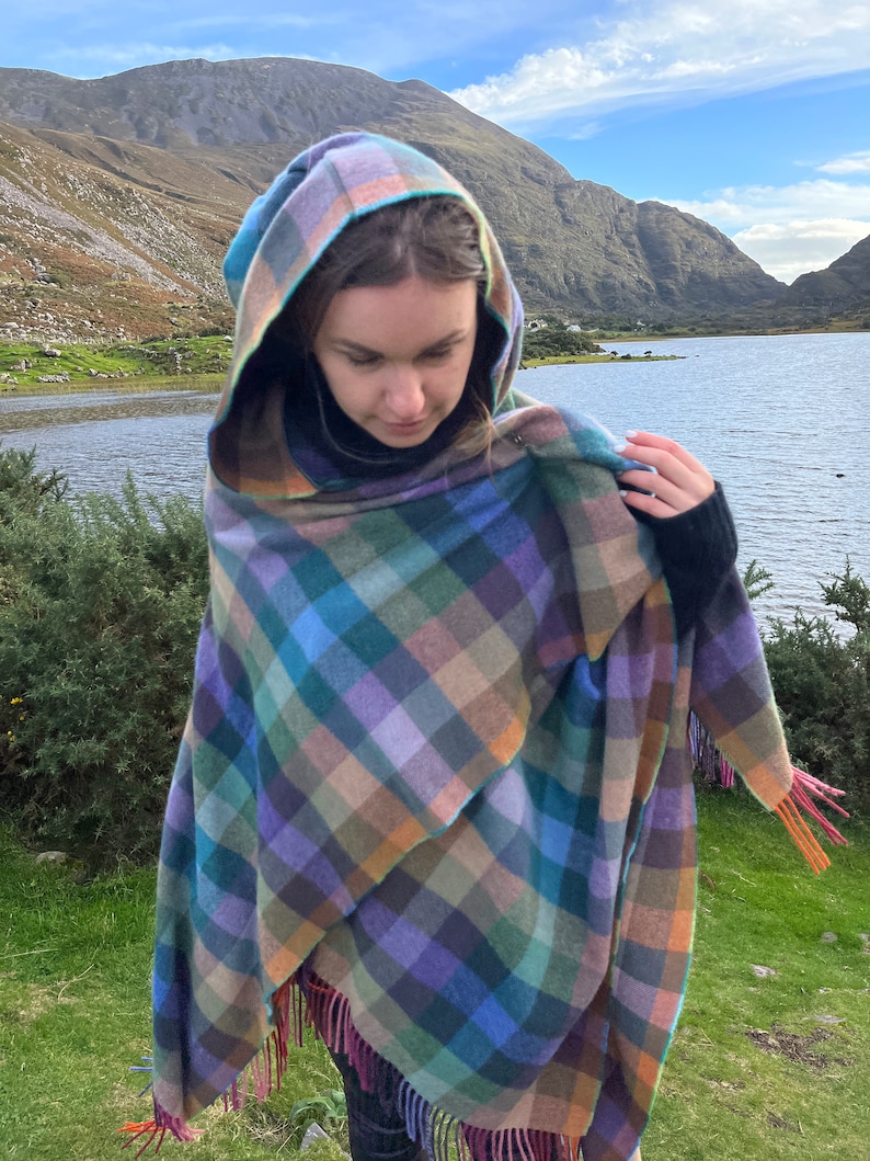 Hooded Supersoft Lambswool Cape, Ruana, Wrap , Shawl - 100% Pure New Wool - Multicolour  Check - One Size Fits All - HANDMADE IN IRELAND