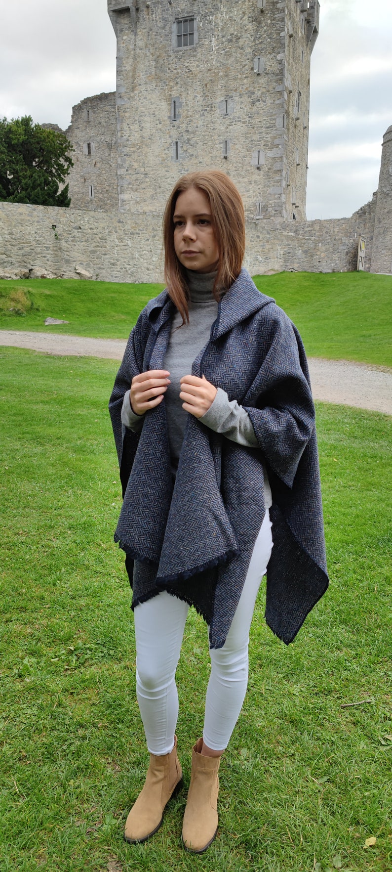 Hooded Irish Donegal Tweed Cape, Rectangle Cloak, Ruana - Speckled Denim Navy Herringbone - 100% Pure New Wool -Unisex - HANDMADE IN IRELAND
