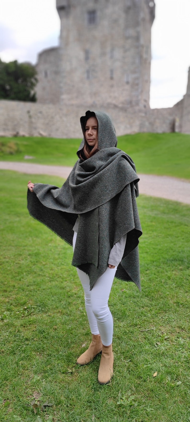 Irish Donegal Tweed Wool Hooded Ruana, Cape, Rectangle Cloak - Traditional Green Fleck - Medium/Heavy Tweed - Unisex - HANDMADE IN IRELAND