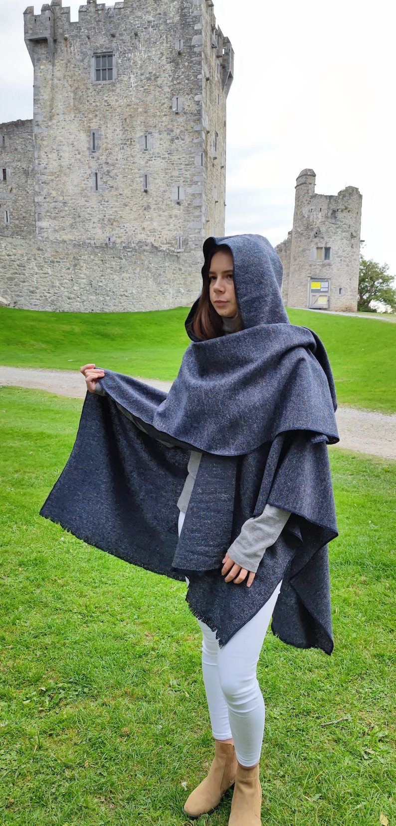 Irish Donegal Tweed Hooded Cape, Ruana, Wrap, Rectangle Cloak - Speckled / Fleck  Navy Blue - 100% Pure New Wool - HANDMADE IN IRELAND