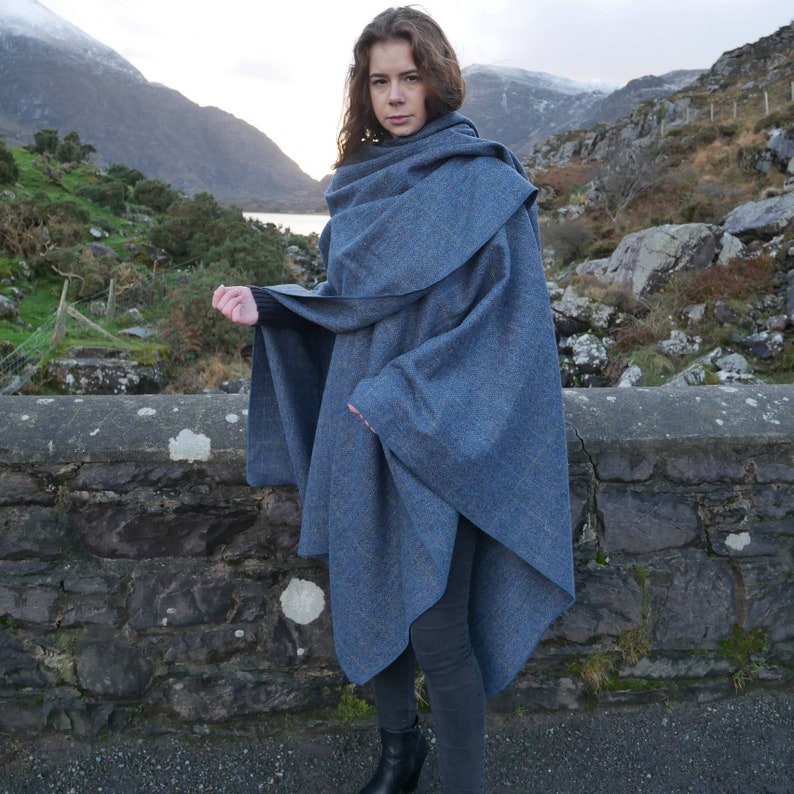 Irish Donegal Tweed Wool Ruana, Wrap, Cape, Cloak - Grey & Denim Herringbone With Overcheck - 100% Pure New Wool - HANDMADE IN IRELAND