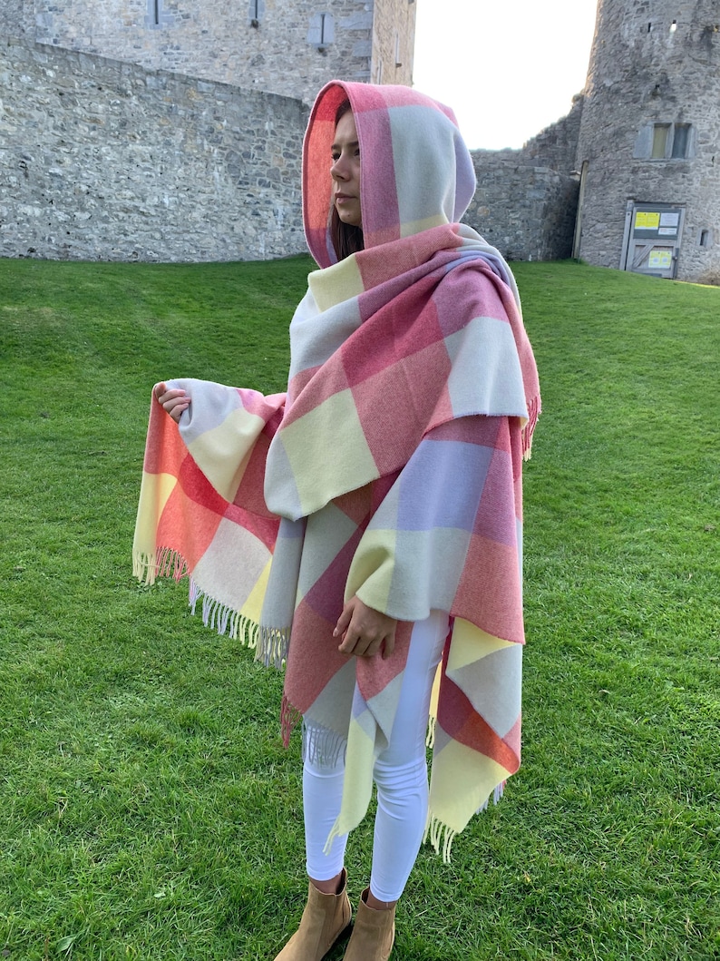 Hooded Irish Pure Lambswool Cape, Ruana, Wrap , Shawl - 100% Pure New Wool -Pale/Blue/Pink/Lemon Block Check -Supersoft -HANDMADE IN IRELAND