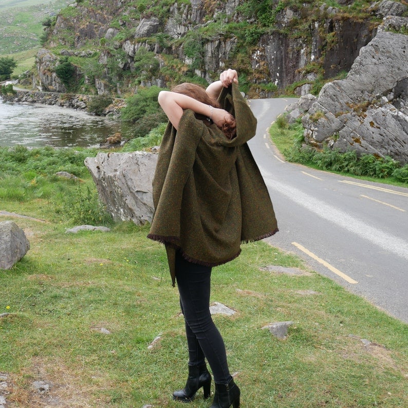 Irish Donegal Tweed Wool Hooded Ruana, Wrap, Cape, Arisaid  - Speckled Forest Green -100% Pure New Wool- Limited Stock - HANDMADE IN IRELAND