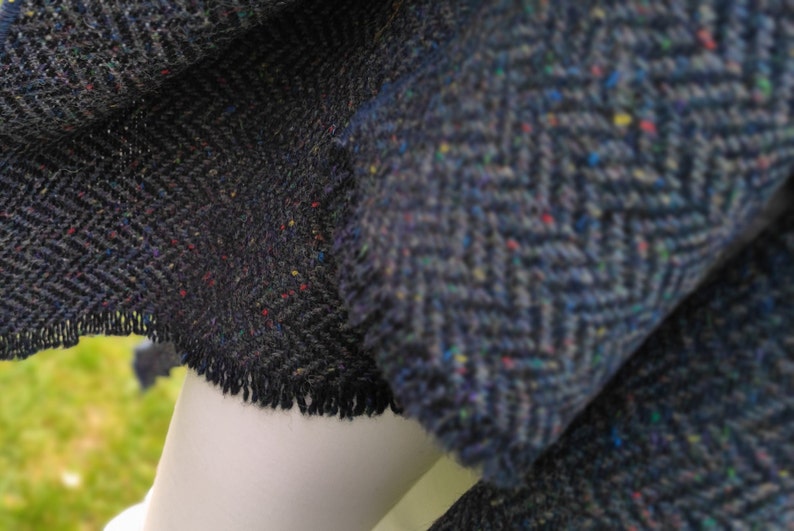 Irish Donegal Tweed Wool Hooded Ruana, Cape, Rectangle Cloak - Speckled Navy / Blue Herringbone - Heavy Tweed - Unisex - HANDMADE IN IRELAND