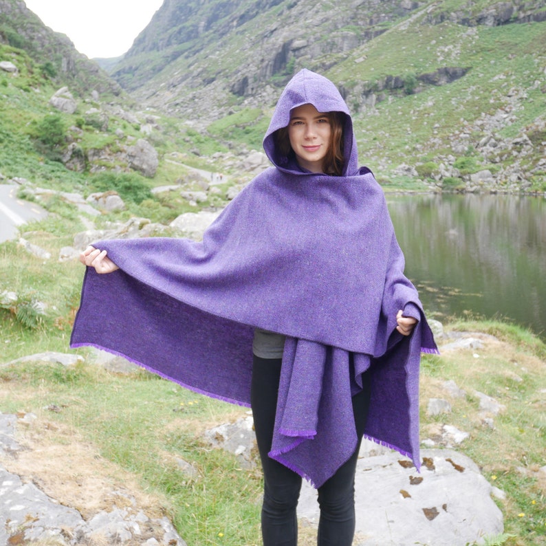 Irish Donegal Tweed Wool Hooded Cape, Ruana, Cloak, Robe, Wrap, Arisaid - Purple Herringbone -  Heavy Tweed - HANDMADE IN IRELAND