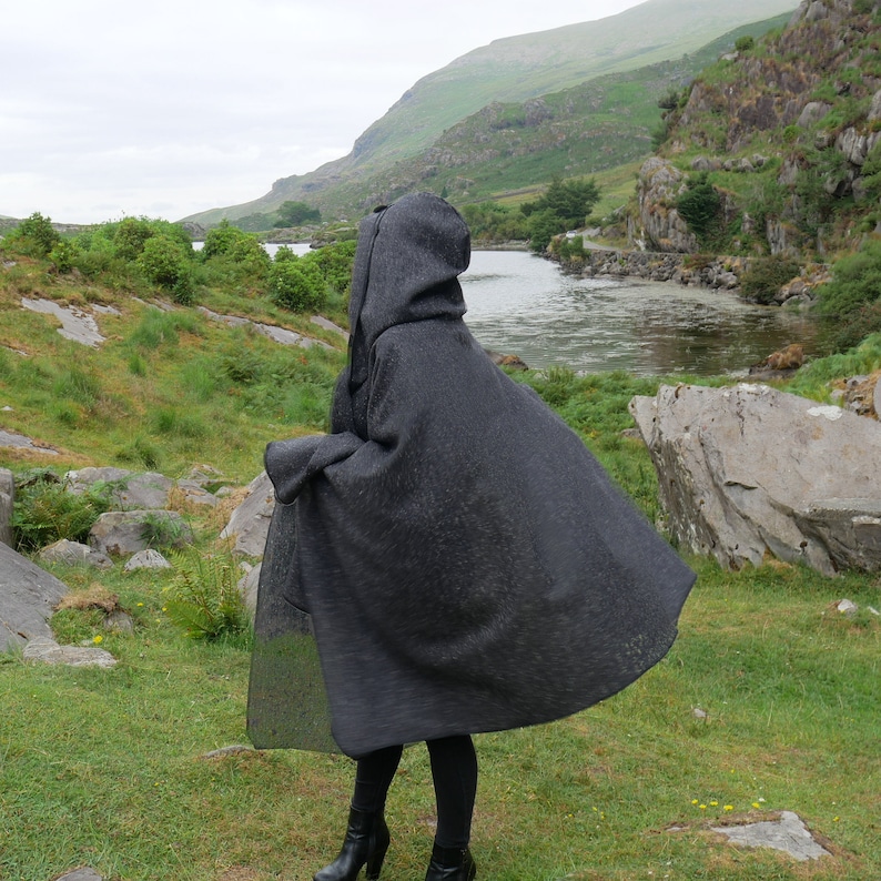 Irish Donegal Tweed Wool Hooded Ruana, Cape - Charcoal/Grey Salt & Pepper - Speckled -100% Pure New Wool - heavy tweed - HANDMADE IN IRELAND