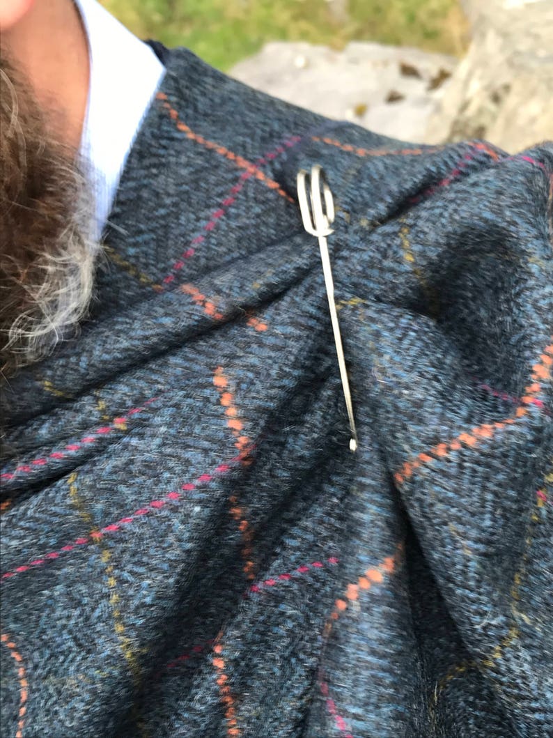 Irish Donegal Tweed Ruana, Wrap, Cape, Rectangle Cloak - Navy Denim Herringbone With Orange/Purple Check - 100% Wool - HANDMADE IN IRELAND