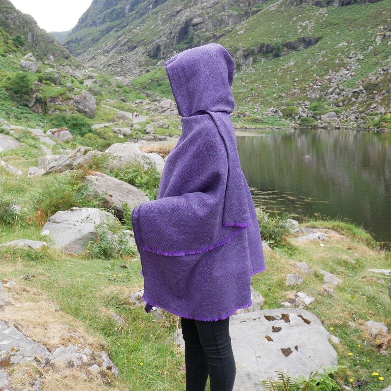 Irish Donegal Tweed Wool Hooded Cape, Ruana, Cloak, Robe, Wrap, Arisaid - Purple Herringbone -  Heavy Tweed - HANDMADE IN IRELAND