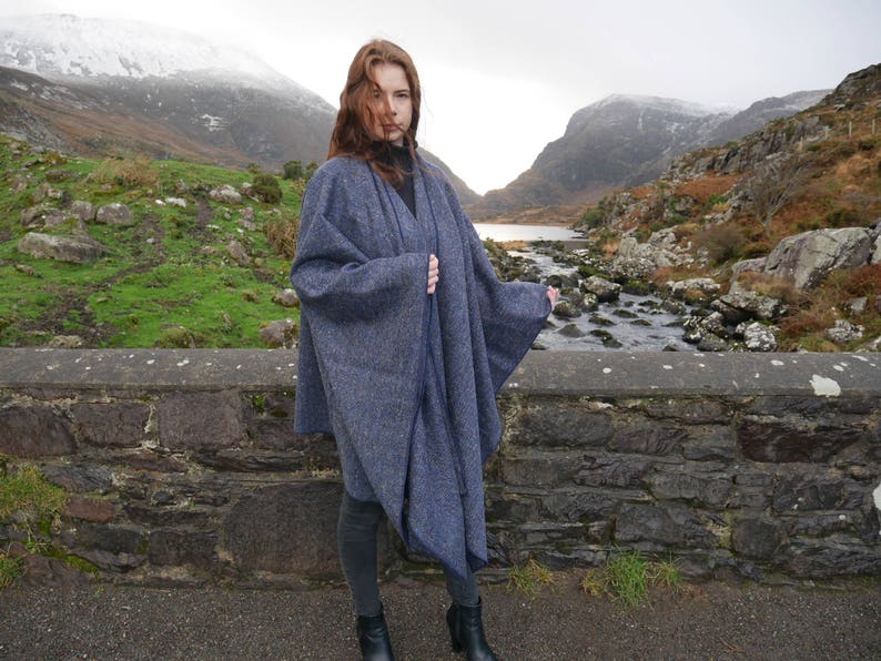 Irish Donegal Tweed Wool Ruana, Wrap, Cape, Arisaid -Speckled Blue/With Fleck/Salt&Pepper- 100% Pure New Wool - Unisex - HANDMADE IN IRELAND