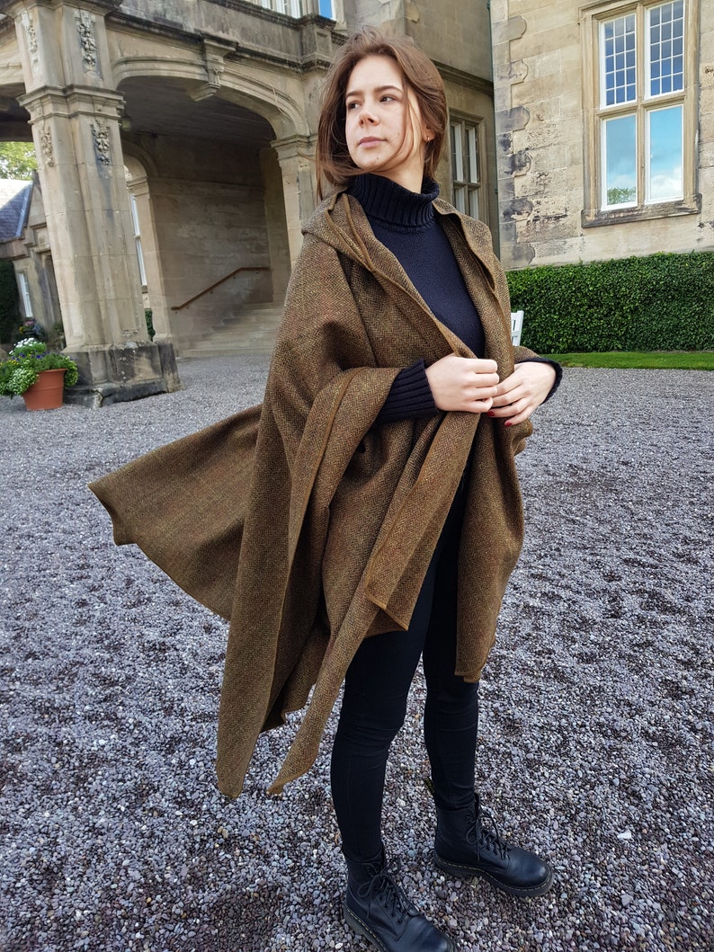 Irish Donegal Tweed Wool Hooded Cape, Ruana, Wrap, Cloak - Bronze/Brown Herringbone With Overcheck - 100% Pure New Wool -HANDMADE IN IRELAND