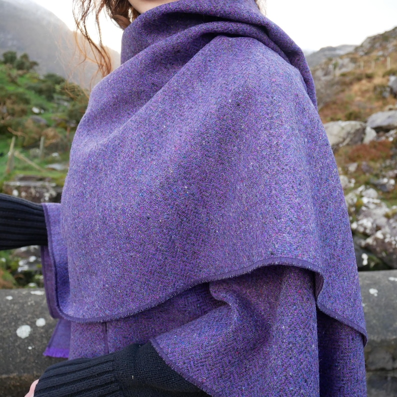Irish Donegal Tweed Ruana, Wrap, Cape, Rectangle Cloak - Purple Herringbone - 100% Pure New Wool - HEAVY TWEED - Handmade in Ireland