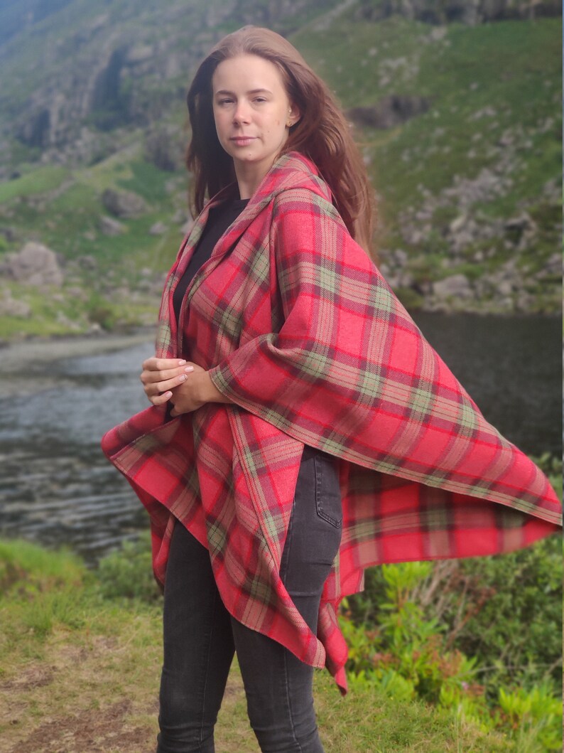 Irish soft lambswool hooded ruana, wrap, arisaid - pink/green/purple plaid check, tartan - 100% Pure New Wool - HANDMADE IN IRELAND