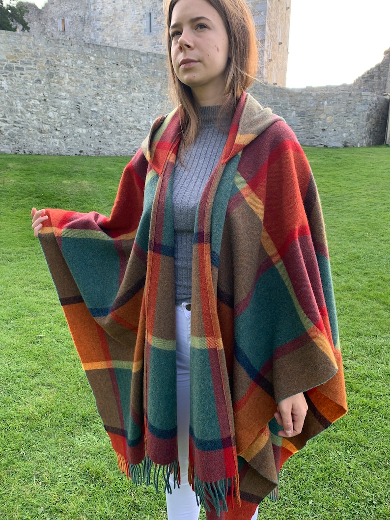 Hooded Irish Pure Lambswool Cape, Ruana, Wrap , Shawl - 100% Pure New Wool - Orange/Green/Yellow/Wine Check - Supersoft -HANDMADE IN IRELAND